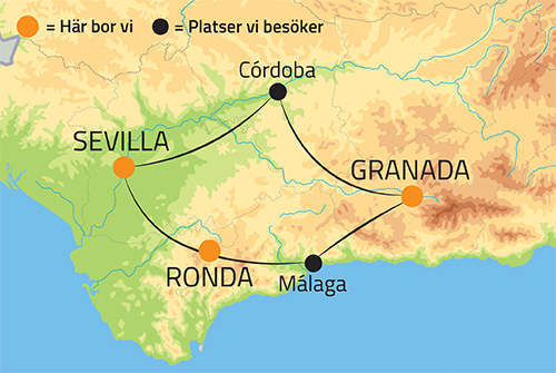 Geografisk karta över Antequera och Malaga i Andalusien.